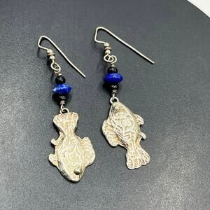 Sterling Silver Blue Lapis Mismatched Dangle French Wire Fish Earrings Unsigned